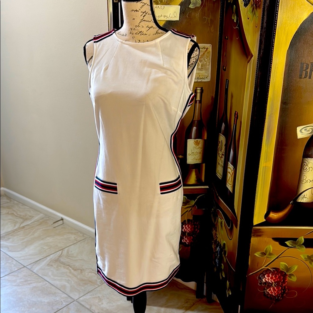 White Sleeveless Dress with Red and Blue trim